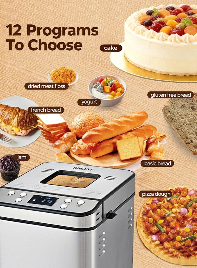 سوكاني ماكينة صنع الخبز الأوتوماتيكية ، ماكينة خبز من الفولاذ المقاوم للصدأ 12 في 1 مع مقلاة خبز غير لاصقة قابلة للإزالة ومجداف عجن ، 3 أحجام رغيف 3 ألوان قشرة ، 12 وظيفة قائمة ، مؤقت 15 ساعة والحفاظ على الدفء ، خالي من الغلوتين ، عجين مخمر ، مربى ، زبادي ، 2 رطل ، 700 واط سك-08146 - Image 2